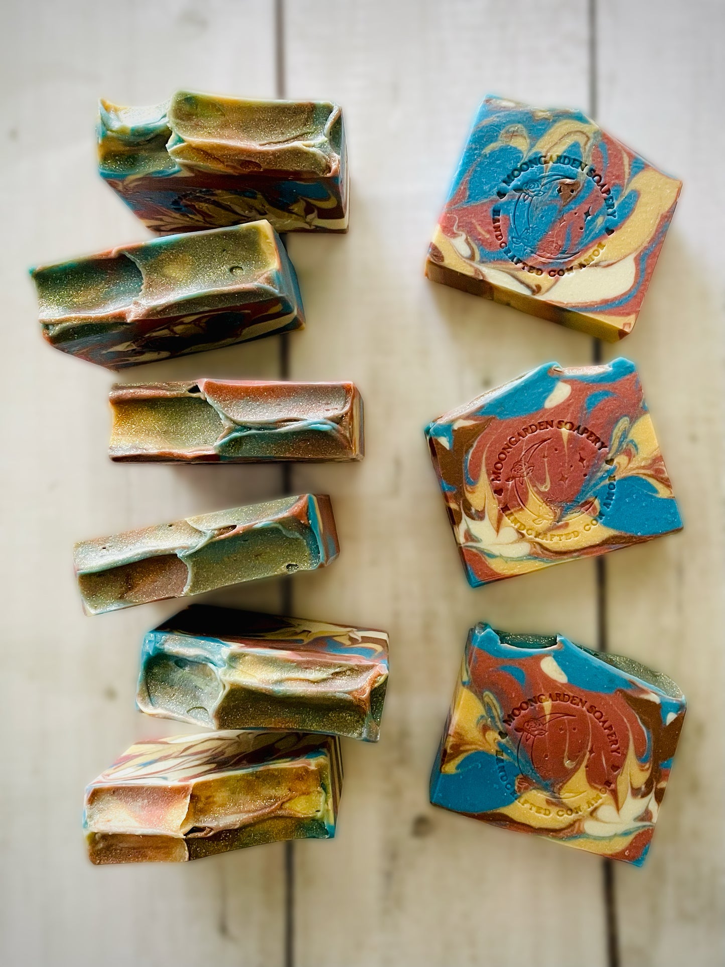 Nine bars of handmade soap.