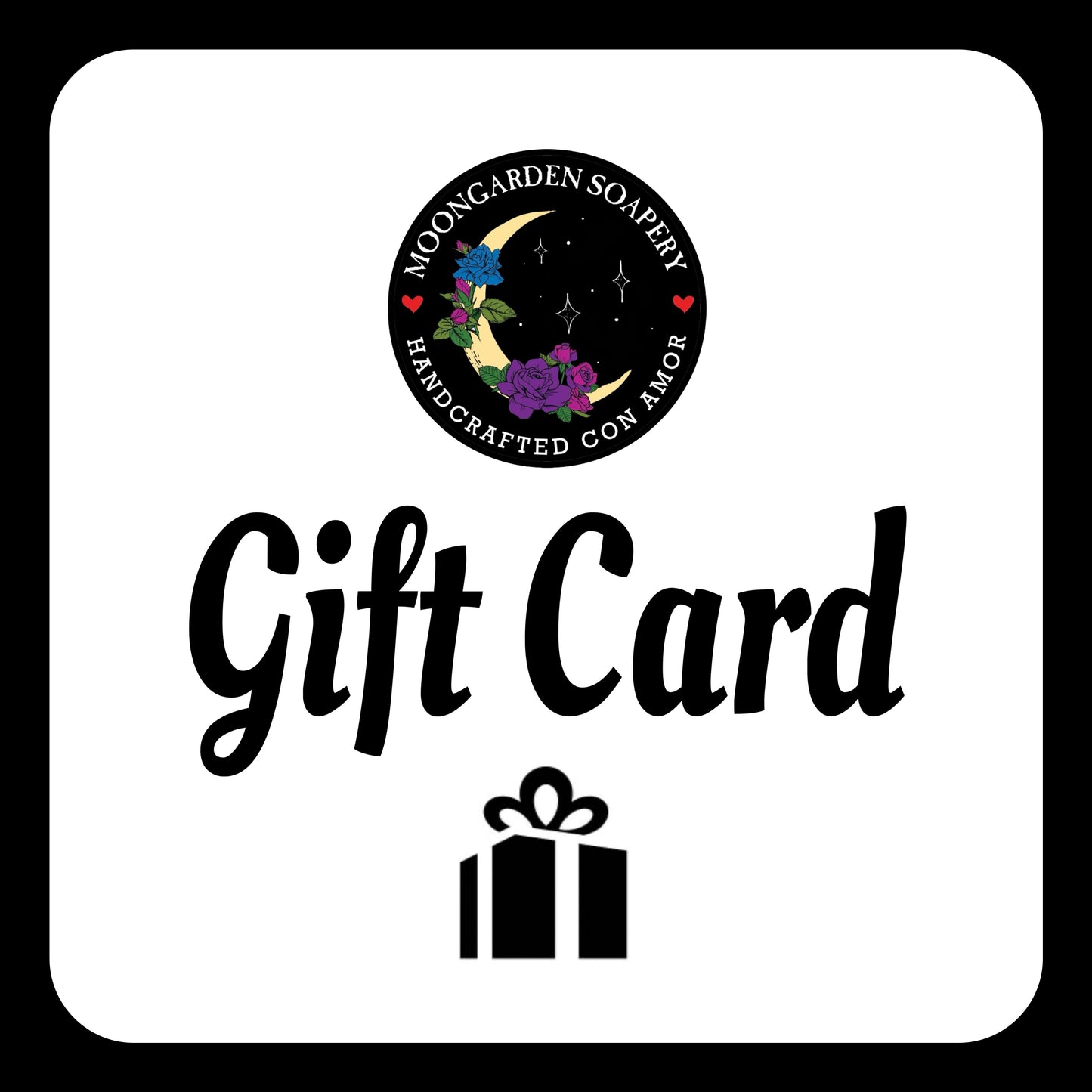 Gift card announcement. Business logo on top, the words Gift Card in the middle, and a gift box below.
