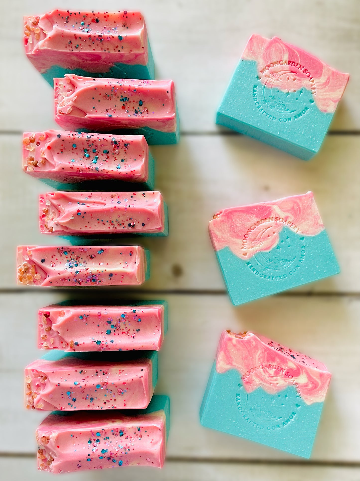 Eleven bars of handmade soap.