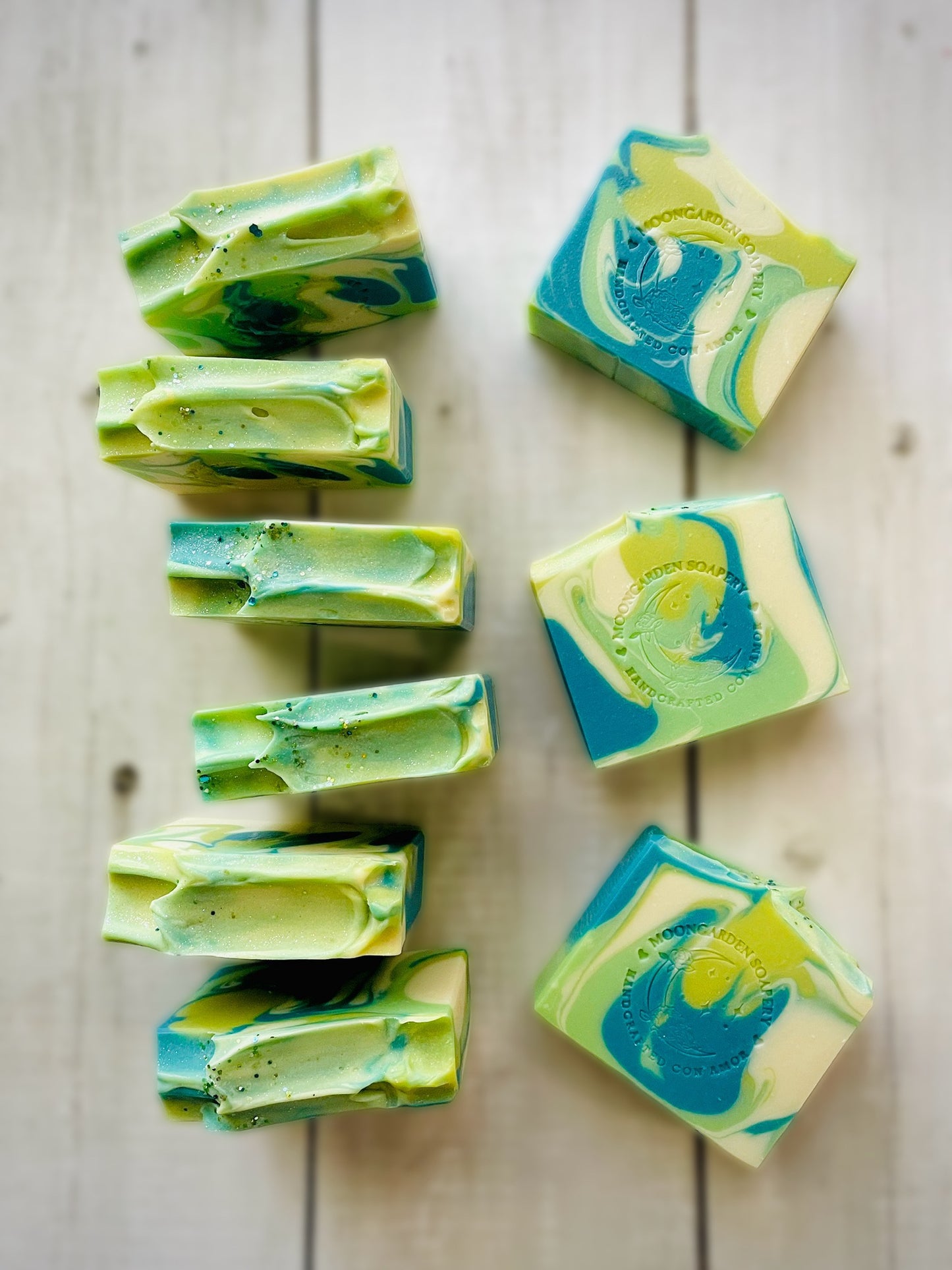 Nine bars of handmade soap.