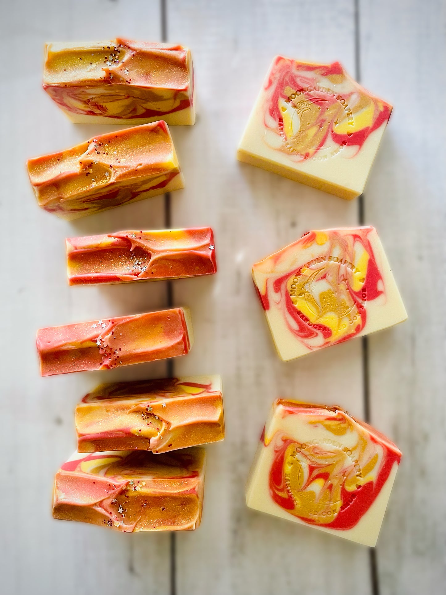 Nine bars of handmade soap.