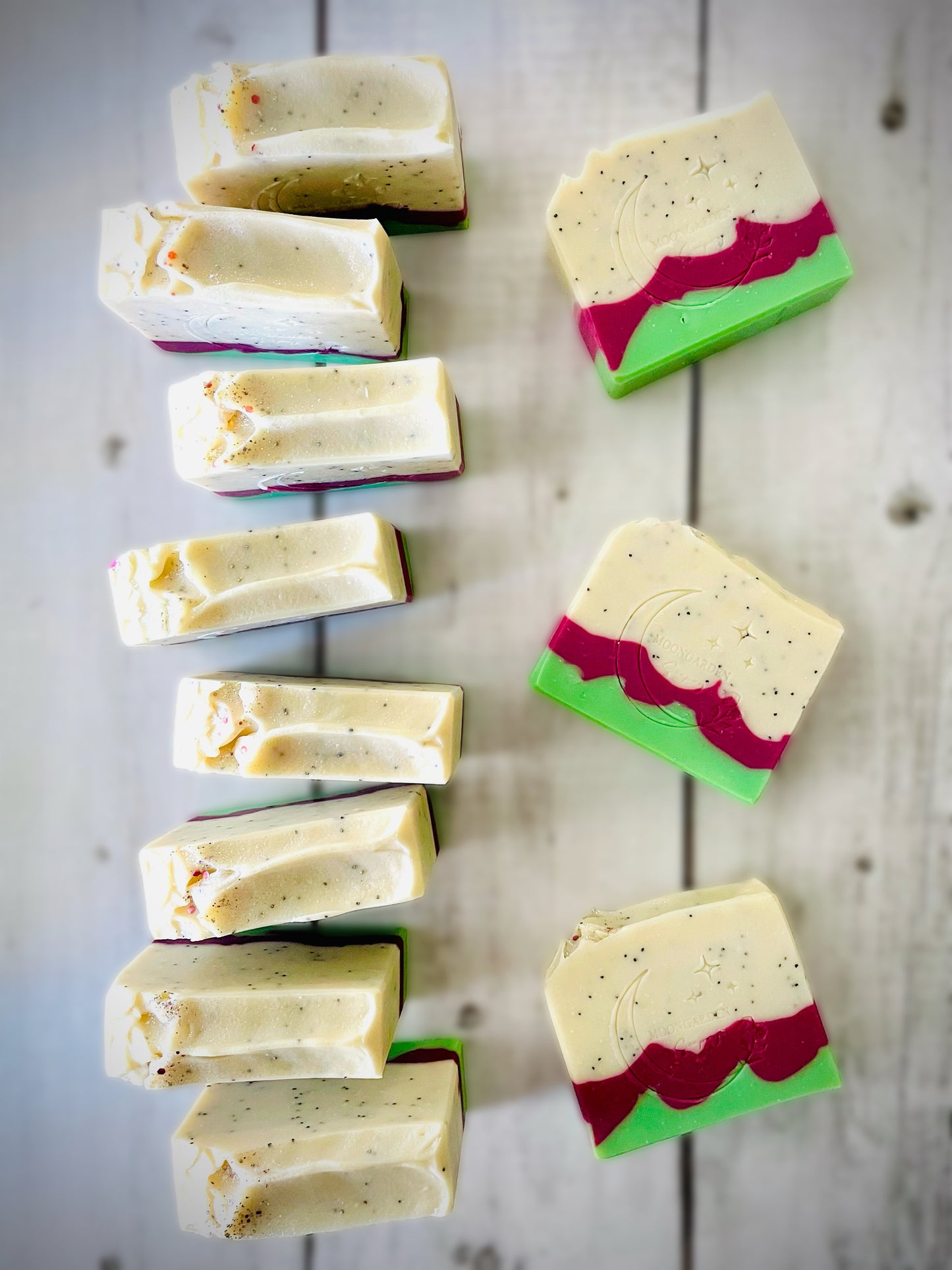 Eleven bars of handmade soap.