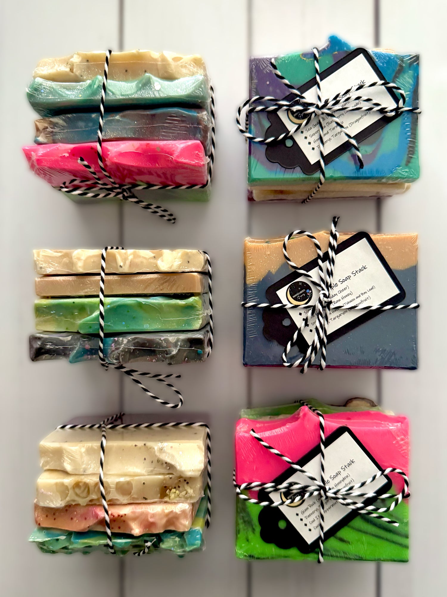 Six sample soap stacks each tied with a twine string.