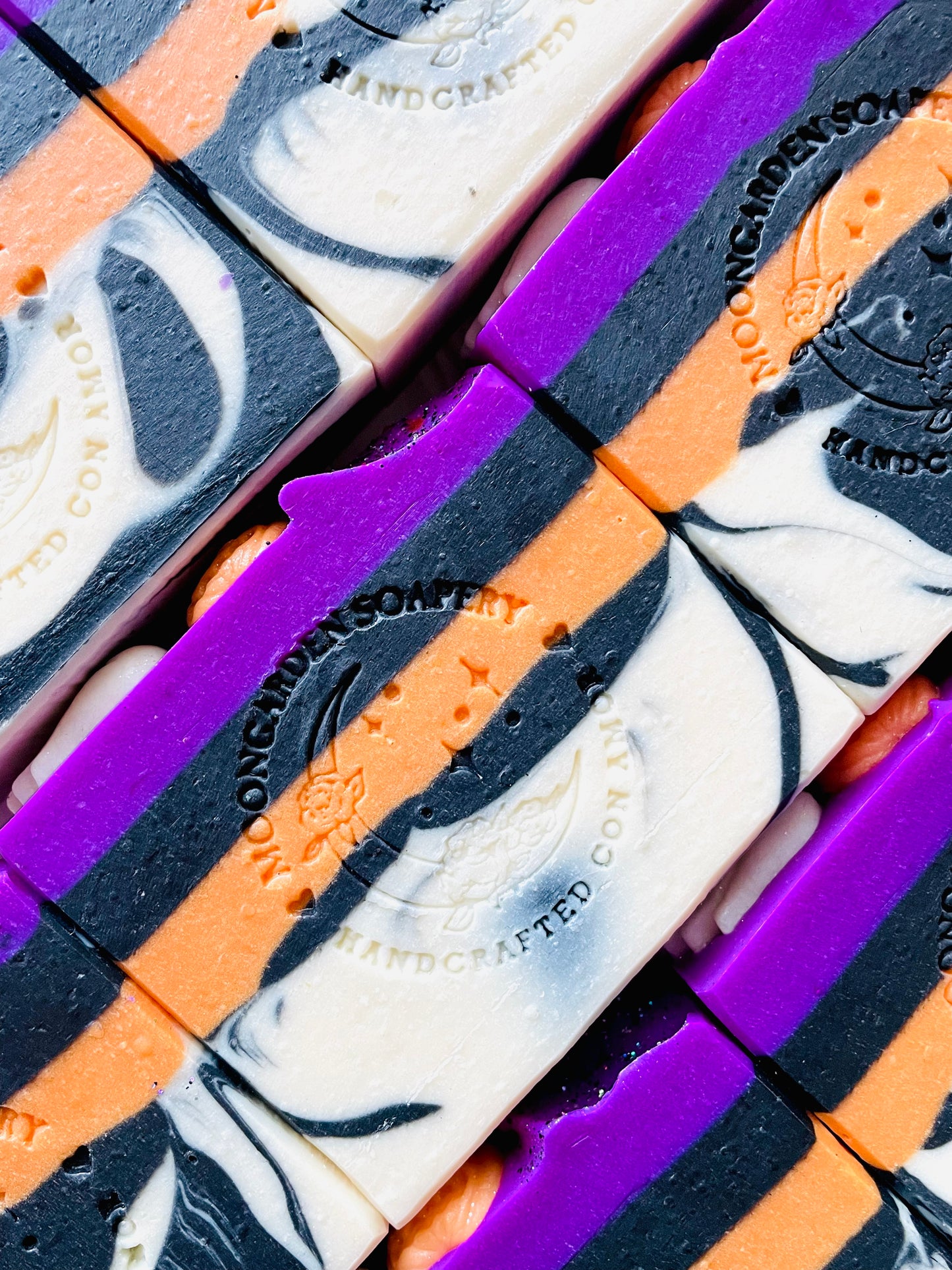 A close up of All Hallows' Eve bar soaps. 