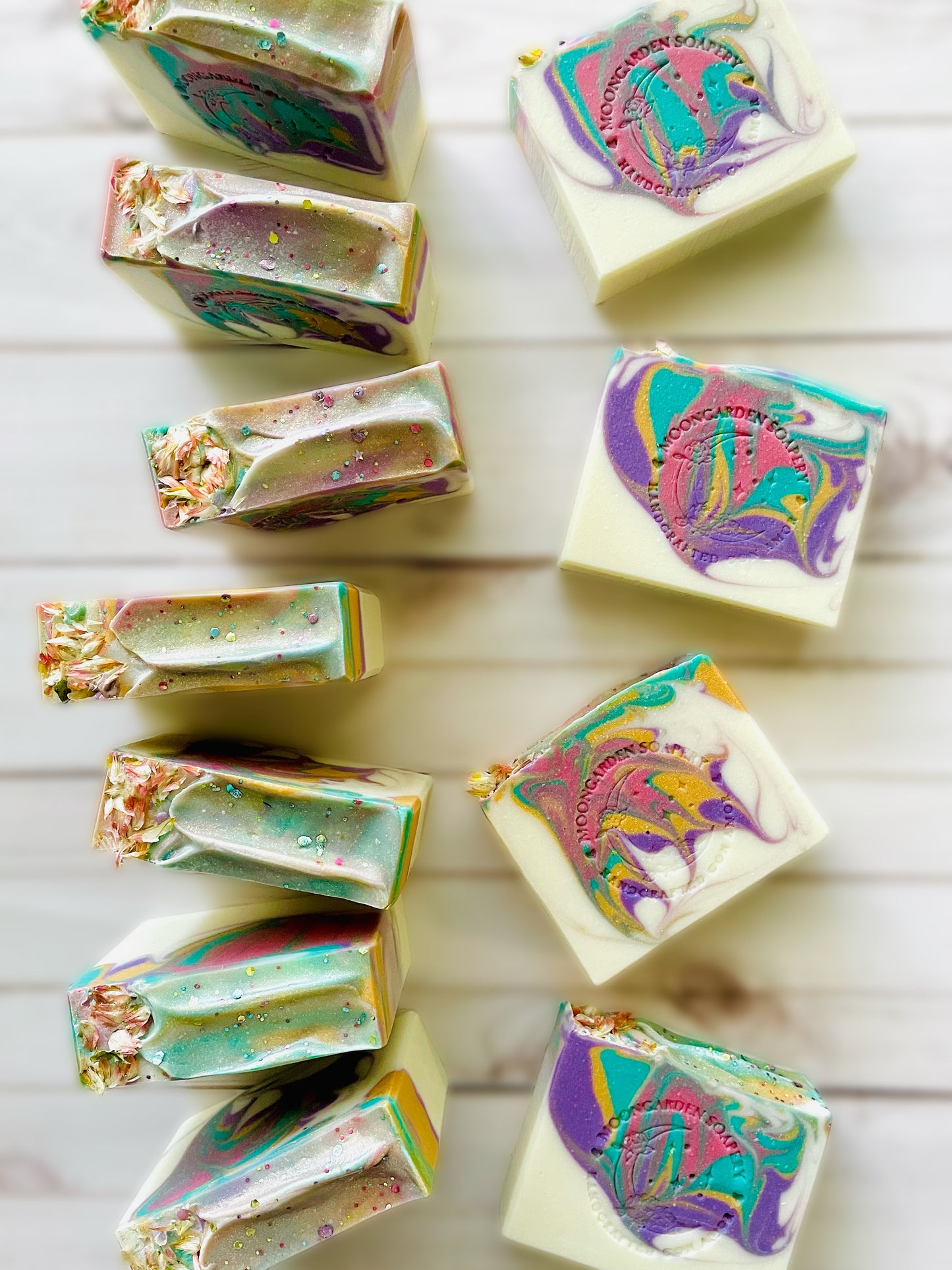 Eleven bars of handmade soap.